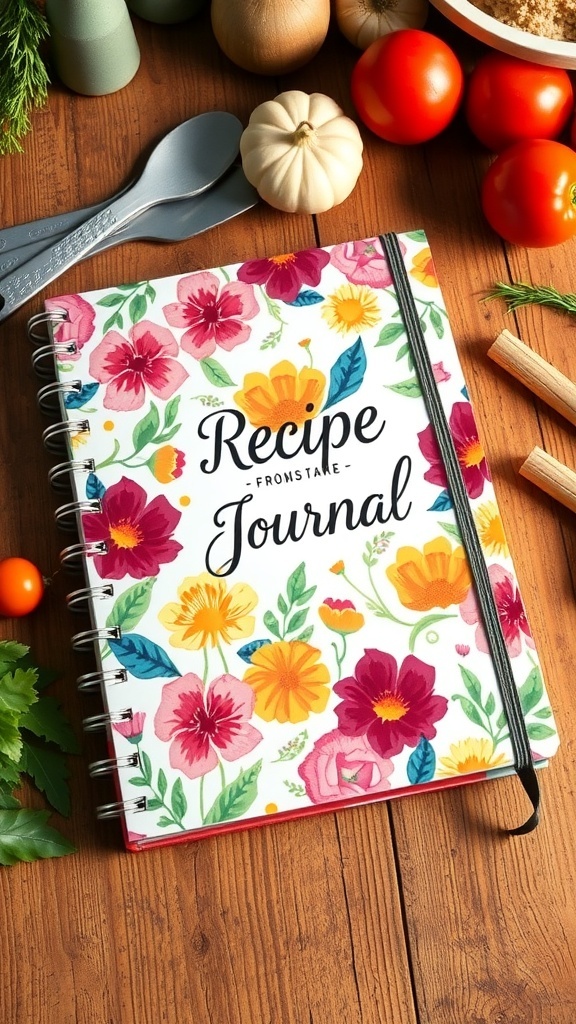 Personalized recipe journal cover with floral design and handwritten name on a wooden table.